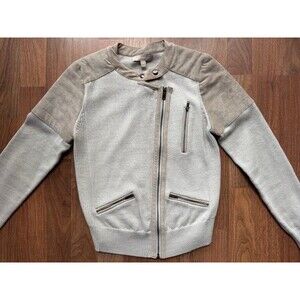 Banana Republic Merino Wool Suede Sweater Moto Zip Up Jacket SML Taupe Beige EUC
